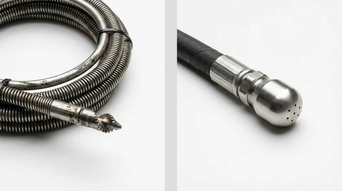 Drain snake cable and hydro jetting nozzle used for drain cleaning in La Coste, TX