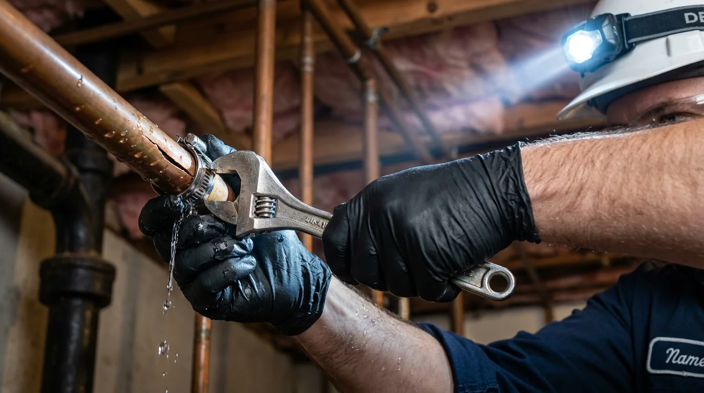 Emergency pipe clamp repair being performed by a Johns Plumbing LLC plumber in La Coste
