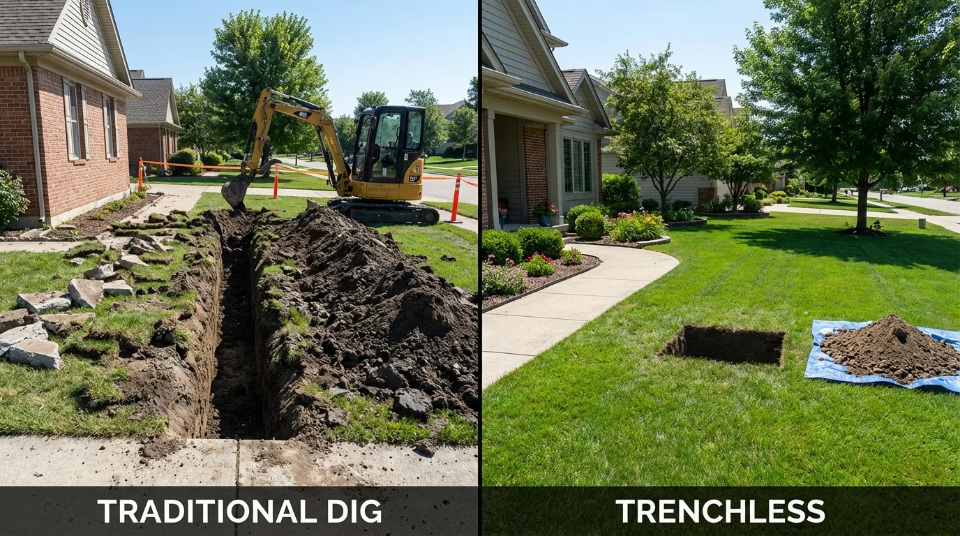Trenchless sewer repair with minimal yard damage versus traditional excavation in La Coste, TX