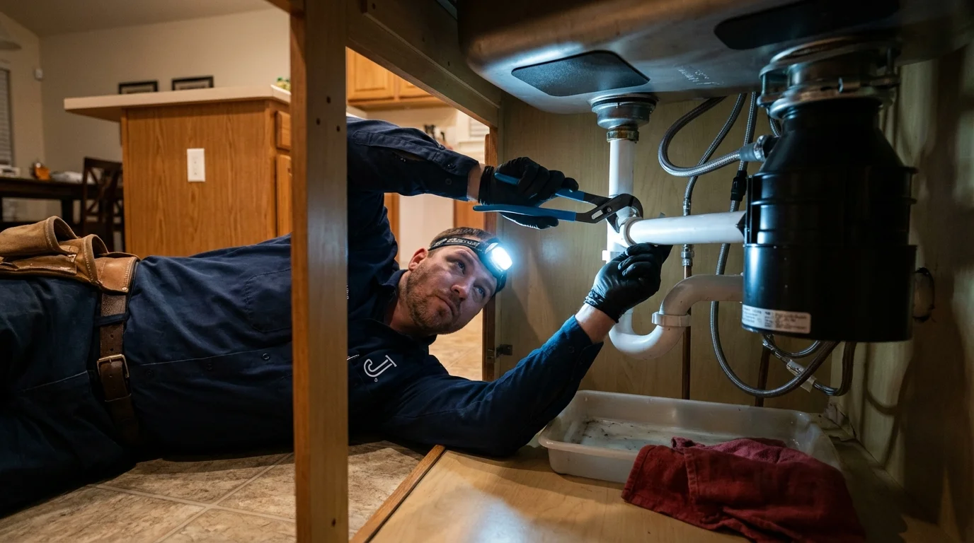P-trap and supply line connections under a kitchen sink showing a common leak point in La Coste, TX